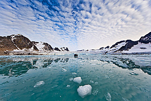 冰,峡湾,黄道十二宫,橡胶,船,正面,冰河,斯瓦尔巴特群岛,斯匹次卑尔根岛,挪威