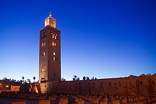 尖塔,黄昏,库图比亚清真寺,清真寺,马拉喀什,摩洛哥