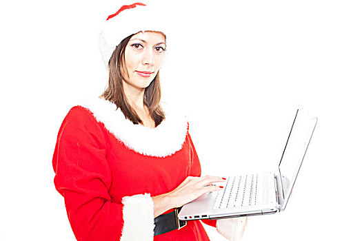 女人,圣诞老人装,上网