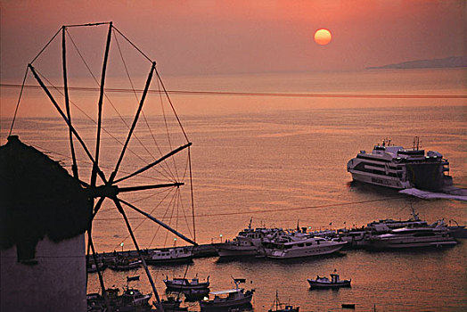 希腊,基克拉迪群岛,米克诺斯岛,日落,风景,游轮,传统风车,大幅,尺寸