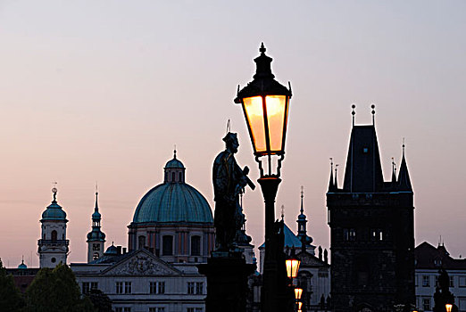 灯笼,桥,黎明,老城,世界遗产,布拉格,捷克共和国,欧洲