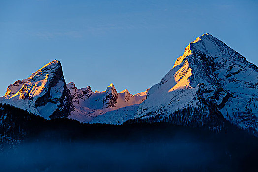 攀升,瓦茨曼山,早晨,亮光,国家公园,巴伐利亚,德国,欧洲