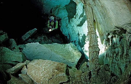 潜水者,水下,洞穴,蓬塔卡纳,多米尼加共和国