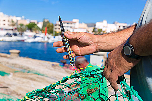 马略卡岛,卡普德佩拉,海滩,渔民,缝纫,渔网