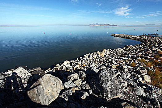 石头,海岸,岸边,大盐湖,码头,盐湖城,北美洲,美国,犹他州,风景,全景,文化,景点,旅游