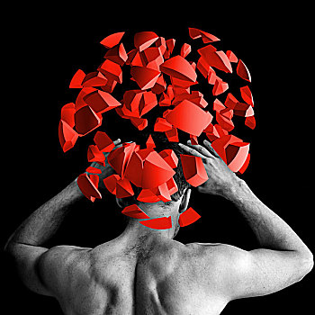 肌肉男,红色,大脑,爆炸,碎片,黑色背景,背景,插画,概念