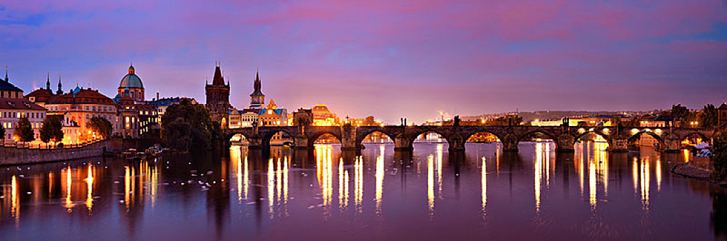 布拉格,天际线,桥,上方,河,捷克共和国,夜晚,全景