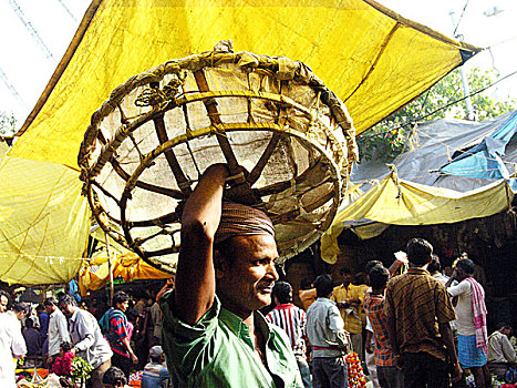 摊贩,花市,一个,花,市场,加尔各答,印度,十一月,2007年