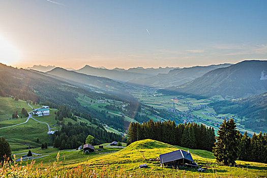 山谷,日出,阿尔卑斯山,提洛尔,奥地利,欧洲
