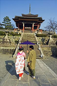 庙宇,大门,伴侣,穿,传统,和服,伞