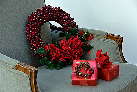 红色,圣诞花环,装饰,玫瑰,礼物,软垫,扶手椅