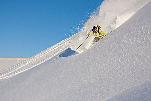 下坡,滑雪者,清新,粉末,楚加奇山,阿拉斯加,冬天