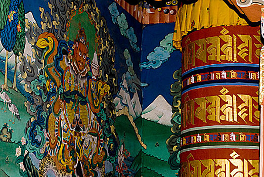 红色,国王,西部,圣骨冢,蛇,靠近,转经轮,宗派寺院,不丹