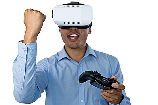商务人士,虚拟现实,玻璃,握拳,玩,电子游戏,白色背景