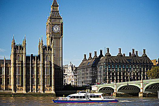 英格兰,伦敦,威斯敏斯特,客船,威斯敏斯特桥,泰晤士河,正面,钟楼,大本钟,议会大厦,中心