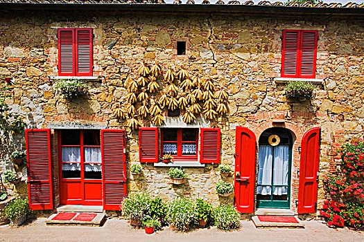 意大利,红色,百叶窗,丰收,玉米,房子