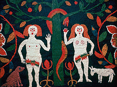 瑞典,刺绣,亚当,夏娃,毒蛇,19世纪,艺术家,未知