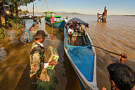 人,进入,渡船,河,孟邦,缅甸