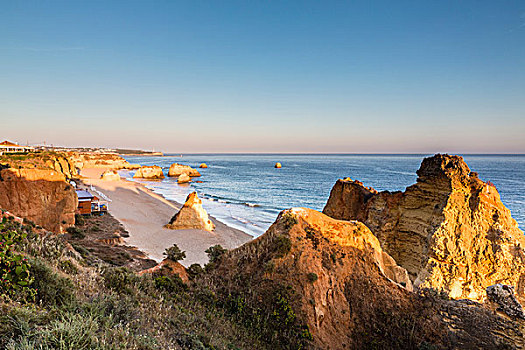 俯视图,沙滩,岩石构造,日落,普拉亚达洛查,阿尔加维,葡萄牙