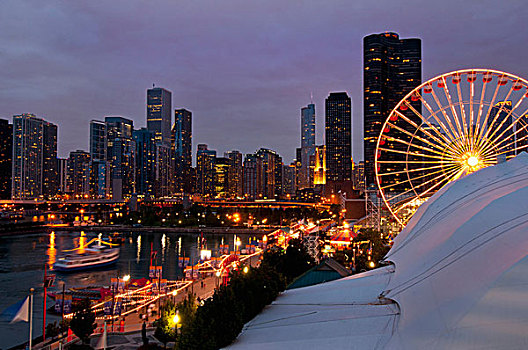 芝加哥,海军码头,天际线,夜晚