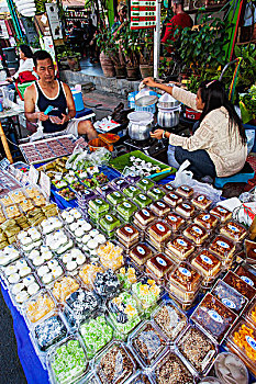 泰国,清迈,步行街,星期日,市场,货摊,销售,传统,甜点