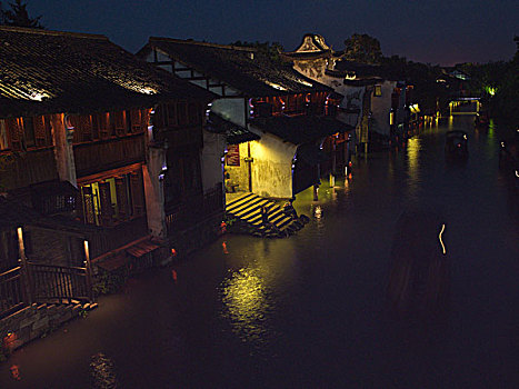 浙江,桐庐,乌镇水乡夜景