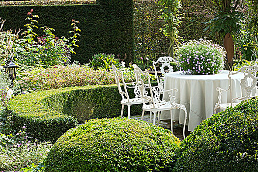 休息区,花园,金属,椅子,桌子,桌布,围绕,低,弯曲,树篱