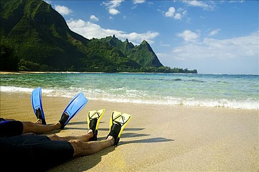 夏威夷,考艾岛,伴侣,穿,黄色,蓝色,鳍状物,海滩