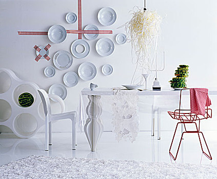 装饰,壁饰盘,红色,椅子,白色,未来,餐厅