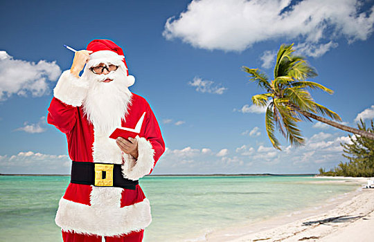 圣诞节,休假,旅行,人,概念,男人,服饰,圣诞老人,便笺,笔,上方,热带沙滩,背景