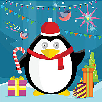 企鹅,糖果,棍,靠近,圣诞礼物,背景,雪,冷杉,新年,花环,寒假,概念,圣诞快乐,卡,庆贺,假日,贺卡,矢量