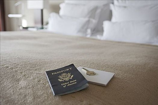 钥匙,护照,床,客房,巴塞罗那,西班牙