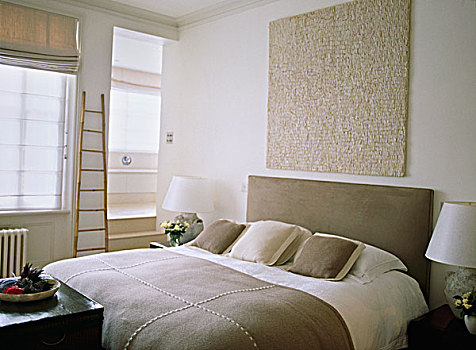 现代,卧室,双人床,软垫,床头板,柜子,质地,艺术品