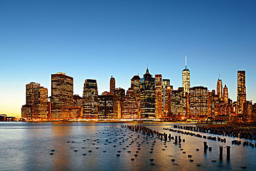 纽约,市区,天际线,码头,残留,黄昏