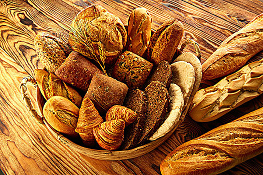 面包,新鲜,多样,混合,金色,乡村,木头,篮子