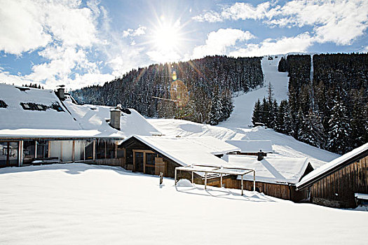 雪,假日,木制屋舍,正面,滑雪坡,提洛尔,奥地利
