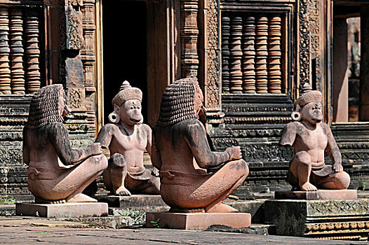 石头,监护,雕塑,庙宇,女王宫,吴哥,收获,柬埔寨,东南亚