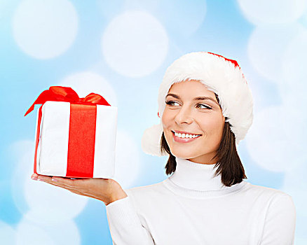 圣诞节,冬天,高兴,休假,人,概念,微笑,女人,圣诞老人,帽子,礼盒,上方,蓝色,背景