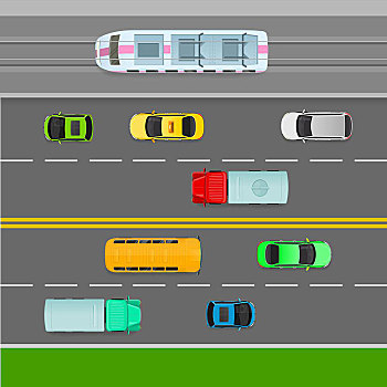 交通,左边,道路,两个,卡车,巴士,汽车,出租车,途中,运输,旗帜,结构,设计,线条,标记,矢量,插画