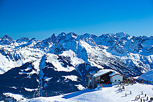滑雪,冬天,山,车站,克莱恩瓦泽泰,奥地利,山脊,后面,巴伐利亚,德国,欧洲