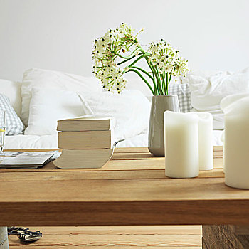 白色,蜡烛,花瓶,花,木桌子,正面,沙发,垫子