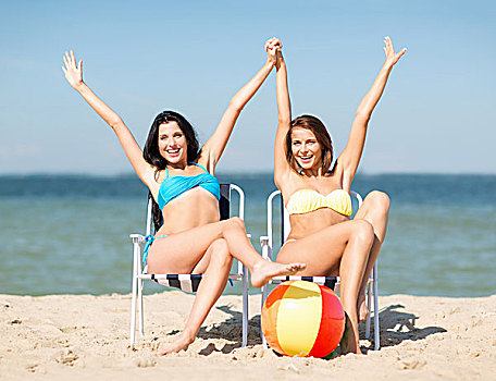 暑假,度假,女孩,比基尼,日光浴,沙滩椅