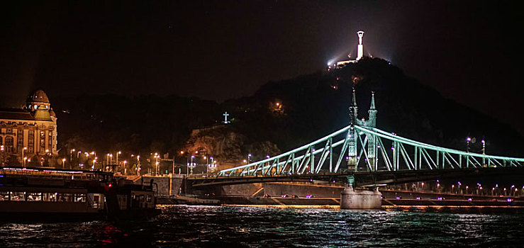 自由,桥,雕塑,光亮,夜晚,布达佩斯