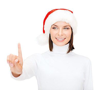 圣诞节,圣诞,冬天,高兴,概念,微笑,女人,圣诞老人,帽子,按压,按键