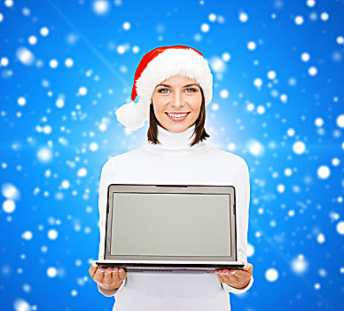 圣诞节,科技,寒假,人,概念,微笑,女人,圣诞老人,帽子,留白,显示屏,笔记本电脑,上方,蓝色,雪,背景