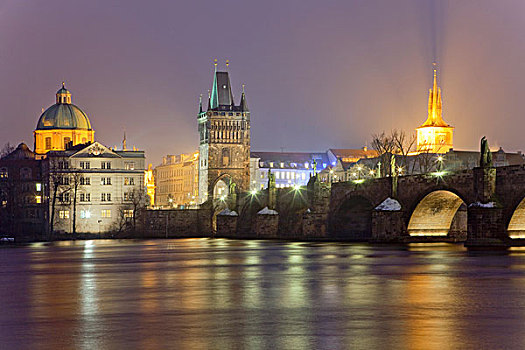 捷克,共和国,布拉格,桥,尖顶,老,城镇,黃昏