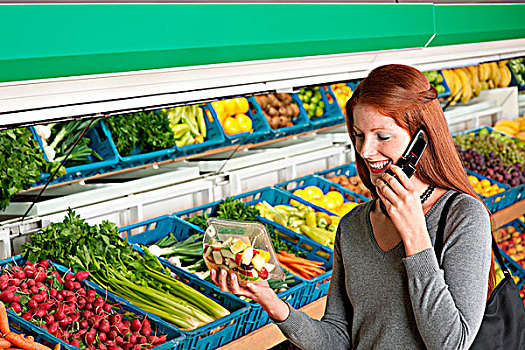 杂货店,购物,红发,女人,手机,买,水果沙拉