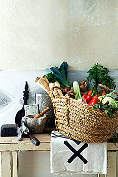 稻草,包,新鲜,汤,蔬菜,桌上
