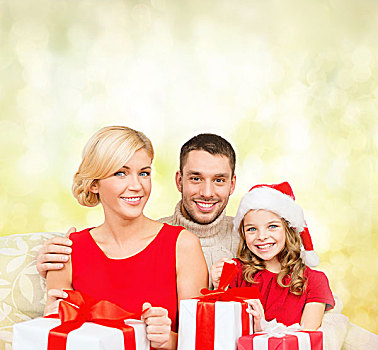 家庭,圣诞节,圣诞,冬天,高兴,人,概念,微笑,圣诞老人,帽子,许多,礼盒