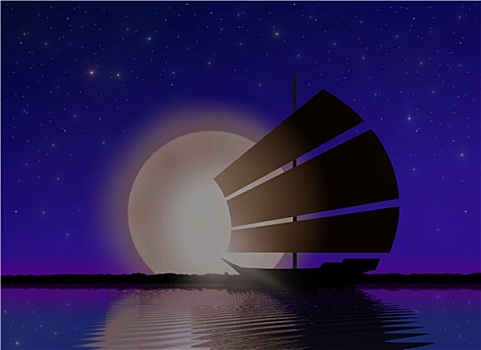 船,航行,海上,月光